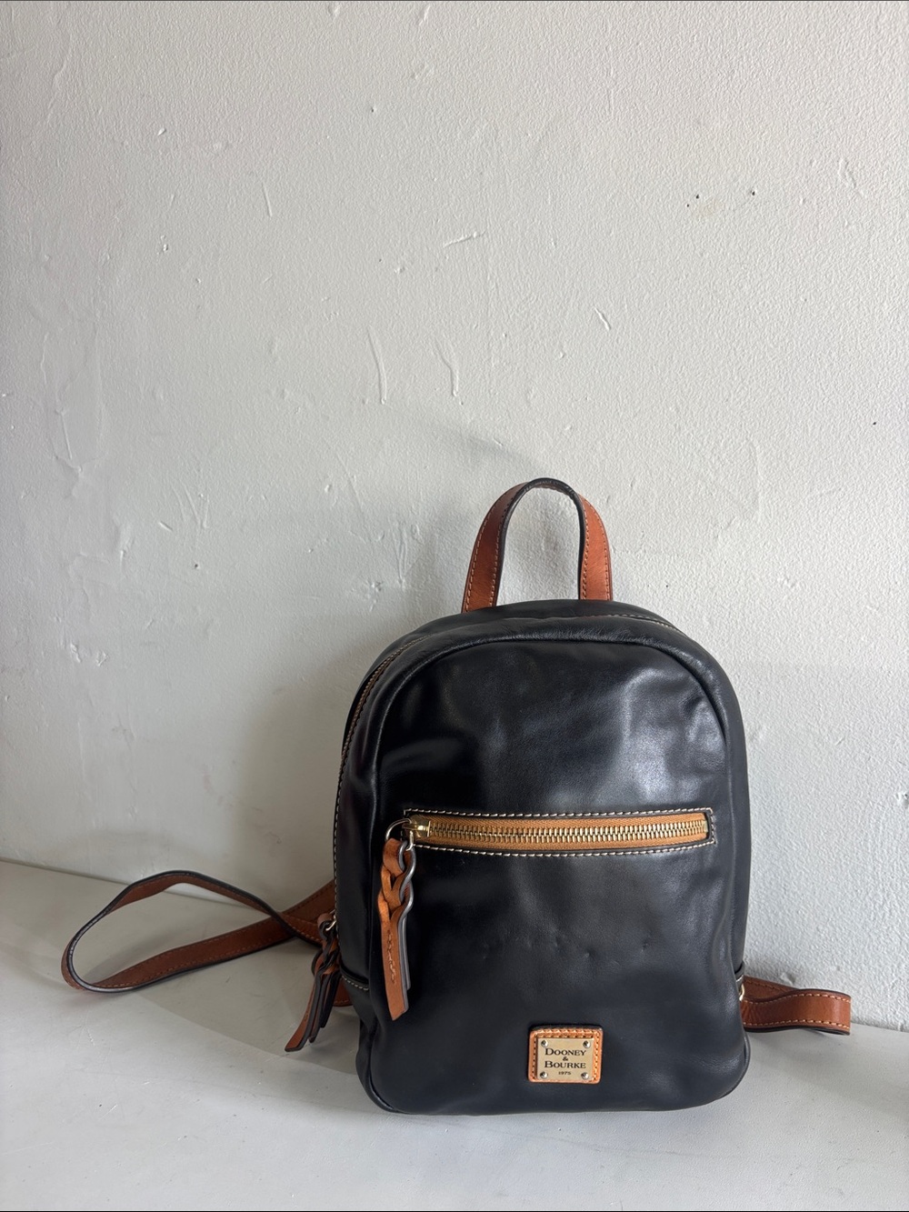 Pebble Grain Small Ronnie Black Leather Backpack with Tan Accents